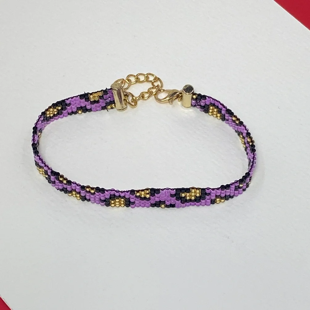 Purple Black and Gold Leppard Print  Cheeta Pattern Seed Bead  Bracelet